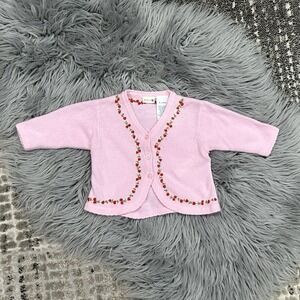 VTG Gymboree Girls Pink Button Up Sweater Trimmed With Embroidered Cherries 0-3M